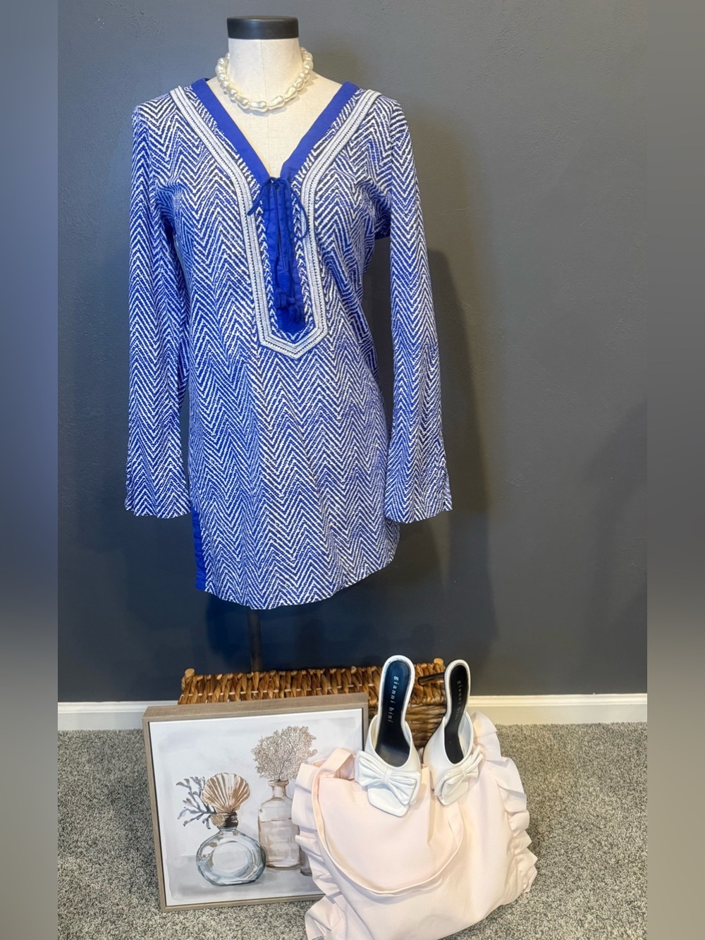 Athleta Royal Blue and White Chevron V-Neck Tunic